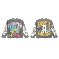 Roughplay Vintage Graffiti & Figure Graphic Heavyweight Long-Sleeve Tee - Washed Grey