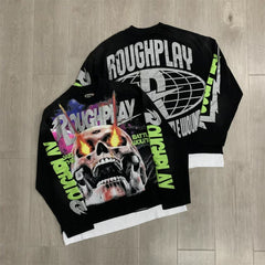 Roughplay Flaming Skull Graphic Heavyweight Long-Sleeve Tee - Black/Neon Green