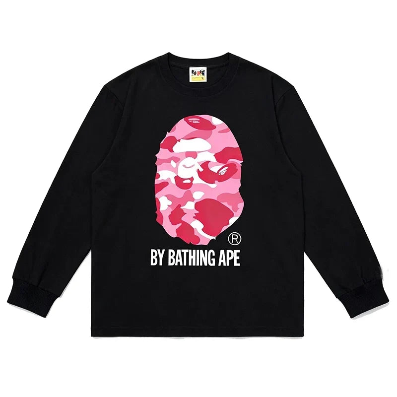 BAPE Style "BY BATHING APE" Camo Ape Head Long-Sleeve Tee - Black/Pink